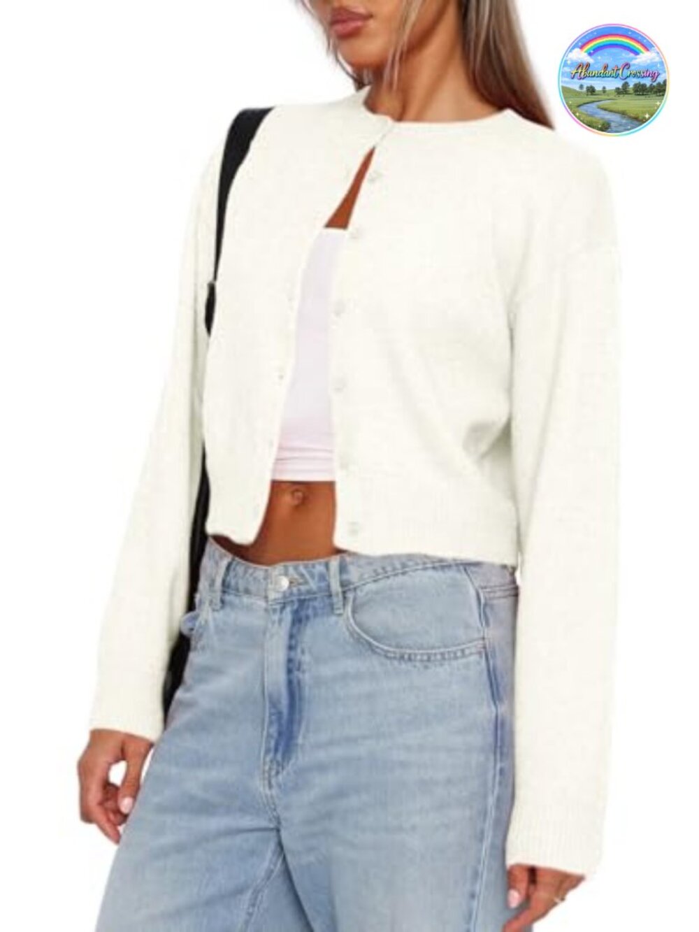 Womens Cropped Knit Cardigan Button Down Crew Neck Sweater